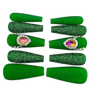 Matte Green Rhinestone Press on Nails